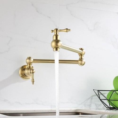 Pot Filler Tap Wall Mounted Foldable Brushed Gold Kitchen Faucet Single Cold Sink Tap Rotate Folding Spout Chrome Brass