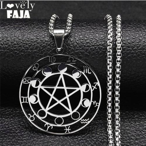 Witchcraft 12 Constellations Pentagram Astrology Stainless Steel Chain Necklaces Silver Color Necklaces Jewelry bijoux N1194S03