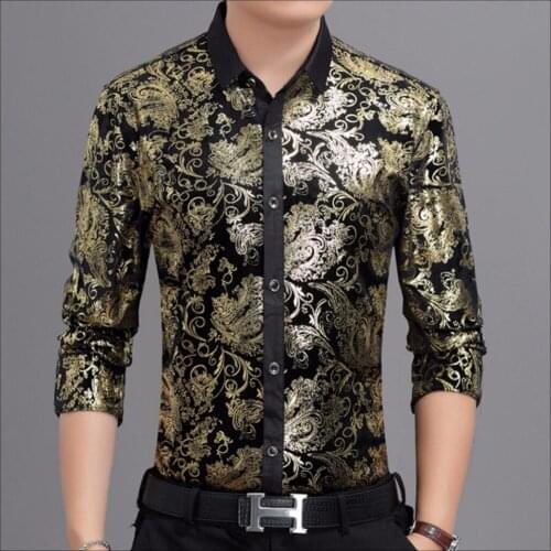 M-3xl Autumn And Winter Mens Clothing Thicken Warm Printing Shirt Long-sleeved Slim Plus Velvet Casual Shirts Gold Velvet Shirt