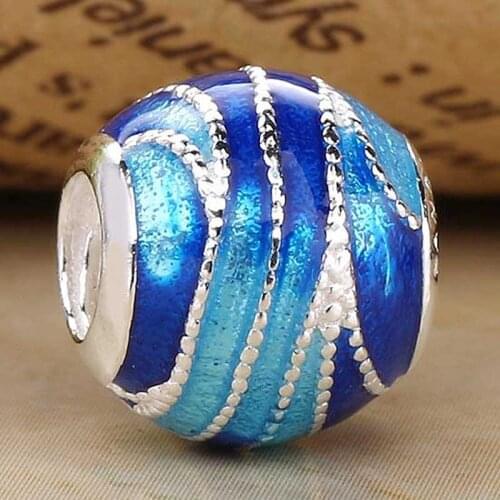 Original Vintage blue enamel swirls and beaded Beads Fit 925 Sterling Silver Bead Charm Bracelet Bangle Diy Jewelry