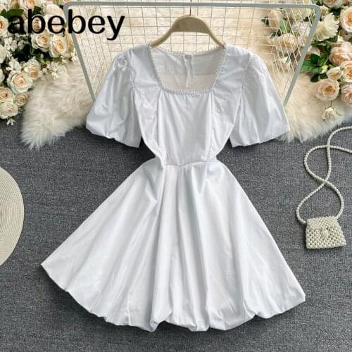 2021 New Summer French square collar puff sleeve Dress Beaded decoration high waist solid short A-line Dress