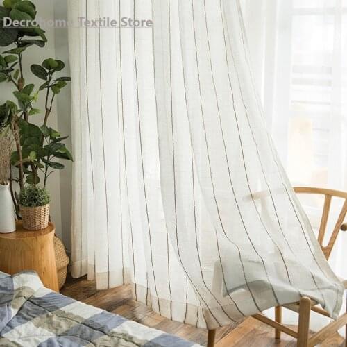 Nordic-Style Vertical Striped Cotton and Linen Gauze Curtain Hipster Plain Window Screen Curtains for Living Room Bedroom
