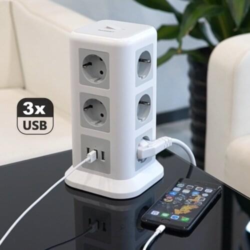TESSAN Tower Power Board 10A Surge Protector 2M/6.5ft Extension Cord EU Plug Adapter Expansion 12 Outlets and 5 USB ports 240V