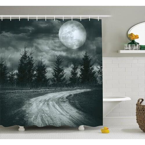 Horror House Shower Curtain Moonrise Magic Landscape with Empty Rural Path to Pines Dramatic Vampire Way Bathroom Curtains