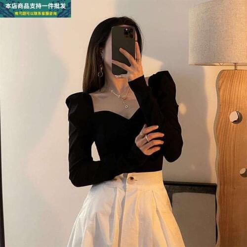 Womens bottoming shirt autumn French retro puff sleeve top womens autumn and winter slim slimming design sense niche sexy long
