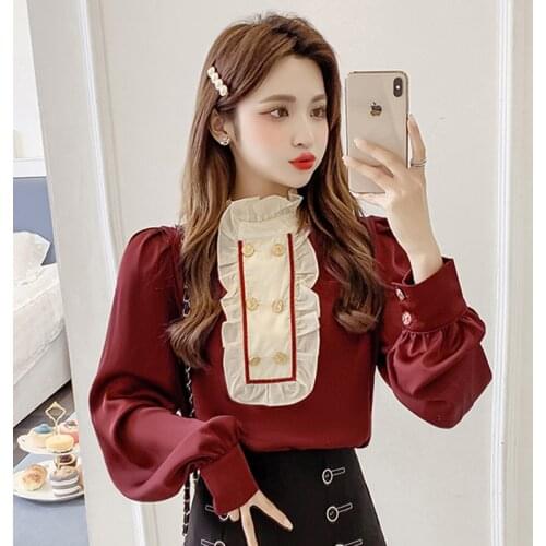 Womens Victorian Vintage Palace Blouse Lolita Shirt Blouse Stand Up Ruffles Collar Mujer De Moda Tuxedo Blouse Party Festival