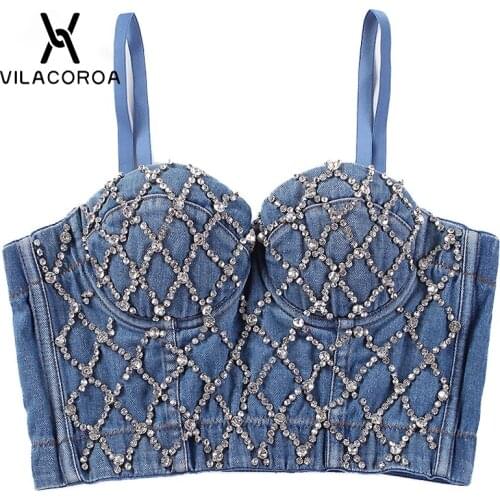 Denim Bodycon Sexy Female Camis Cross-beaded Splice Tube Top Spaghetti Strap Crop Top Nightclub High Waist Slim Women Camisoles