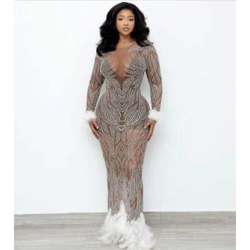 Women wedding dress Birthday Rhinestones Feather Dress Celebrate Dress Prom Evening Stage Singer Dancer Long trailing Dress