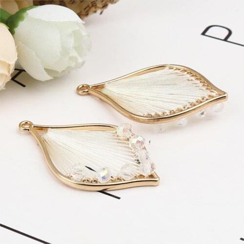 3 PCs Iron Based Alloy & Glass Thread Wrapped Pendants Leaf Gold Plated Champagne 42mm x 26mm