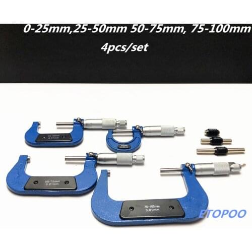 4pcs/set Outside Spiral Micrometer 0-25mm/ 25-50mm/ 50-75mm/ 75-100mm Accuracy 0.01mm Gauge Vernier Caliper Measuring Tools