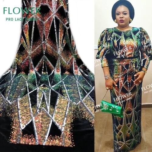 African Guinea Sequins Velvet Lace Fabrics Shining Style Sequined Embroidered Laces Material Wedding Bride Dress Velvet Fabrics