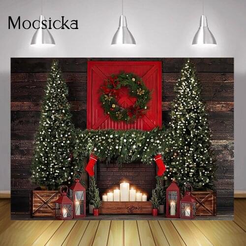 Rustic Fireplace Candle Photography Background Christmas Tree Socks Winter Party Backdrop Decor Dark Brown Wood Wreath Photo