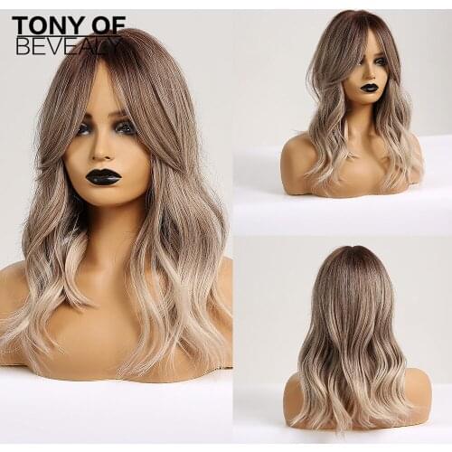 Long Wavy Synthetic Wigs With Bangs Platinum Blonde Ombre Hair Wigs for Afro Women Cosplay Natural Daily Wigs Heat Resistant