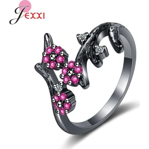Personality Design Black Gun Cute Fuchsia Crystal Flower Open Rings For Women Party Cool Adjustable Ring Jewelry