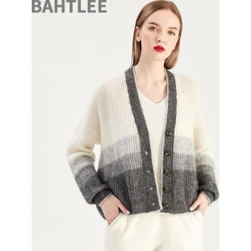 BAHTLEE Spring Autumn Womens Mohair Cardigan Sweater Stripe Gradients Color Knitted V-Neck Solid Long Sleeves Wool Coat Thin