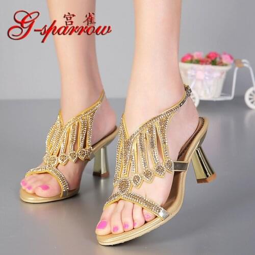 2018 Summer Gold Hot Sale Sexy Elegant Womens Shoes Leatherette Stiletto Heel Thick Heels Sandals Cheap From China