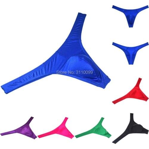 Mens Glossy Thong Underwear Stretchy Ice Silk T-back Hipster Bulge Pouch Tangas Trunks