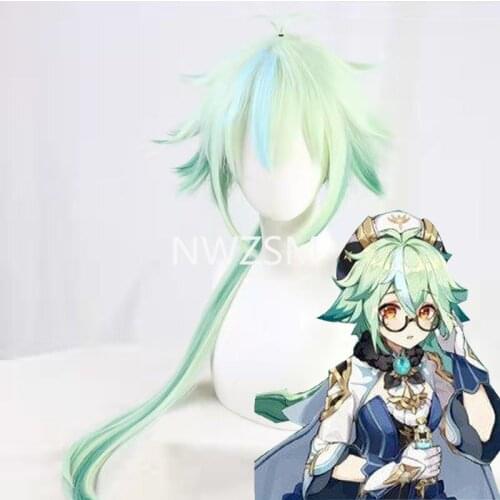 Anime Genshin Impact Xiao Cosplay Wig Mixed Dark Green Blue Short Heat Resistant Hair Adult Halloween Role Play Wigs