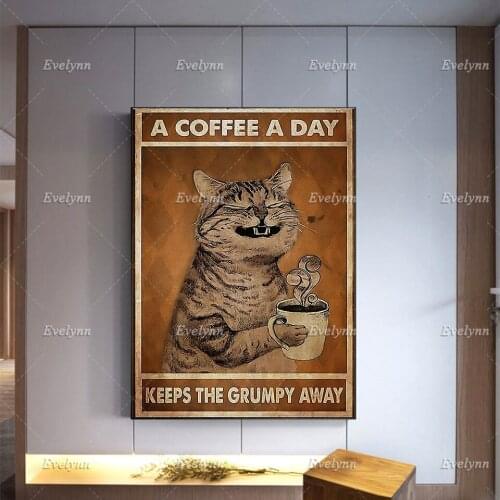 Cat Poster, Funny Cat Drinking Coffee Wall Decoration, Black Cat Sign For Home, Retro Animal Cat Canvas, Print Wall Art, Gift