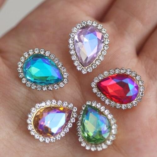 AB color mixed sew on rhinestone 10x14mm water drop flat back gold base rhinestone strass for garments shoes bags decoration