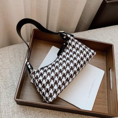 Fashion Plaid Pattern Shoulder Underarm Bag Female Woolen Top-handle Bag Casual Elegant Chain Street Commuter Hobo