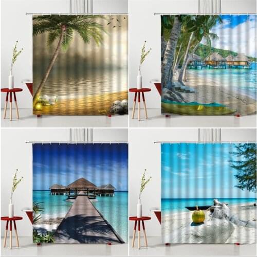 Tropical Beach Hawaii Landscape Shower Curtain Ocean Palm Tree Skeleton Bathroom Decor Polyester Washable Bath Cloth Curtains