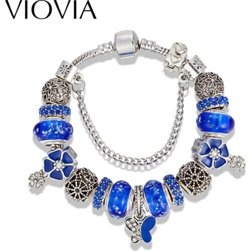 VIOVIA European Blue Charm Bracelets For Women Silver Color Chain Flower Bead Bracelets & Bangles DIY Jewelry Pulseras B16075