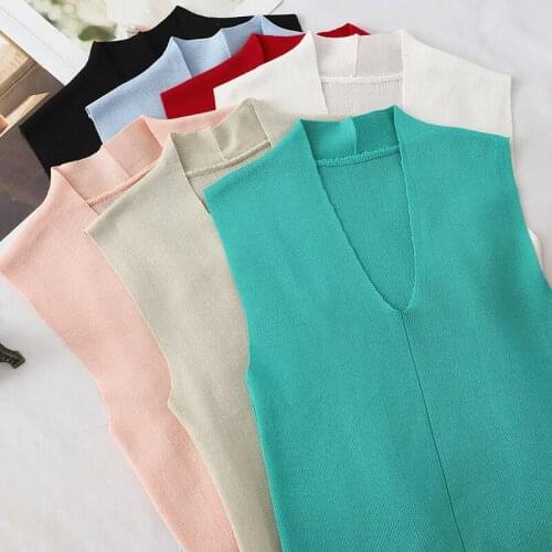Sexy Women V Neck Knitted Tank Tops Cropped Sleeveless Basic Solid T Shirts Camisole Everyday Clothing