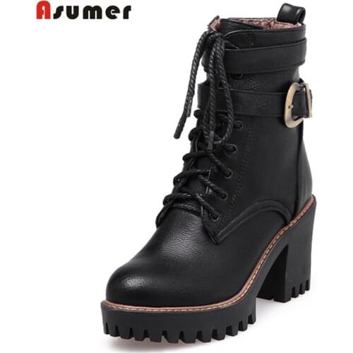 Asumer 2020 NEW women boots black wine red zipper lace up buckle ankle boots square high heels autumn winter shoe platform boots