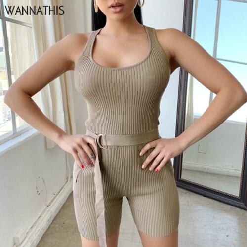 WannaThis Sleeveless Women Playsuit Solid Elastic Bodycon O-Neck Sexy Cotton Fashion Summer New2020 Rompers Basic Ribbed Knitted