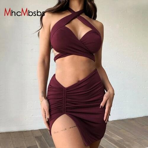 Sexy Halter Top Hollow Out Bandage BacklessBustier Set Women Ruched Bodycon Solid Mini Skirt Summer Beach Party Club Y2K Clothes
