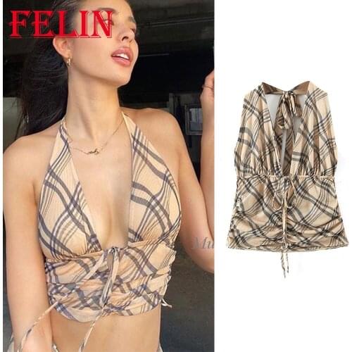 Za Fashion 2021 Plaid Women Sexy Tops Sleeveless Tie Up Women Corset Tops Cami Vintage Tops for Girls