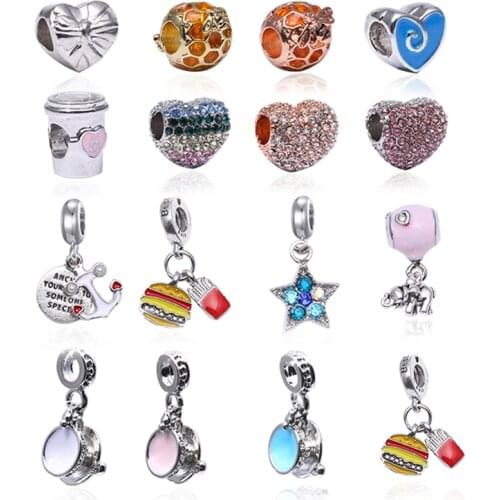 5 Pcs/lot New Pendant Beads Fit DIY Charm Bracelet Burger Fries Brand Bracelets Bead Hollow Heart Charm Beads Women Jewelry