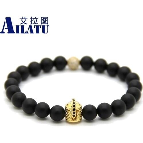 Ailatu 8mm Natural Matte Stone Beads Micro Pave CZ Double-face Spartan Helmet Bracelet Pulseira Hombres