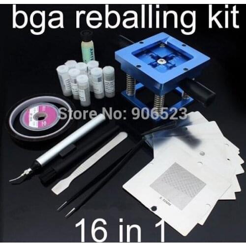 Free shipping 16 in 1 bga reballing kit 90mm 10pcs universal stencils with 90mm reballing station + 14 free gifts