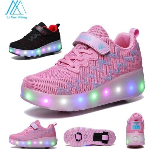 Fashion New Childrens Roller Sports Shoes LED Flashing Shoes Double Wheel USB Charging Skating Shoes With Wheels High Heels