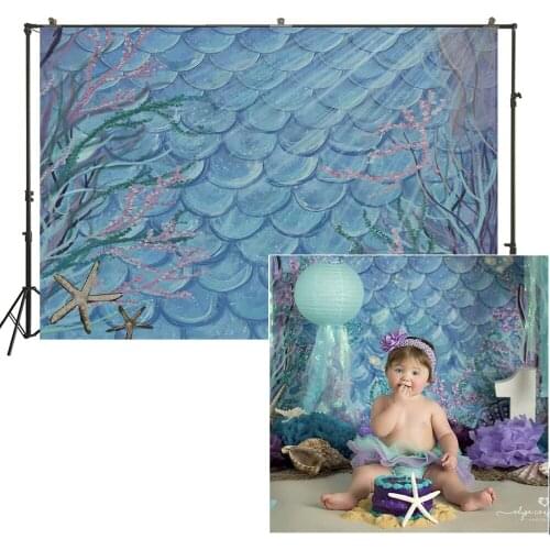 Blue Under The Sea Backdrop Watercolor Oil Painting Mermaid Scales Background Party Banner Baby Photo Studio Portrait Photoshoot