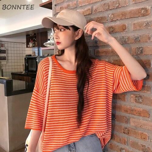 Knitted T-shirts Women Summer Side-slit Irregular Loose Fashion All-match Leisure Korean Style Holiday Button O-neck Female Tops