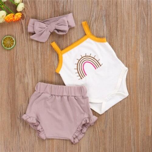 0-24M Newborn Baby Girls Cotton Rainbow Romper Vest Top Jumpsuit Shorts Pants Headband Summer Outfits Set 3Pcs