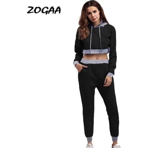 ZOGAA Sets Women Hot Sale All-match Womens Stitching Hooded Short Sweater Trousers Two-piece Casual Suits Simple Daily Female