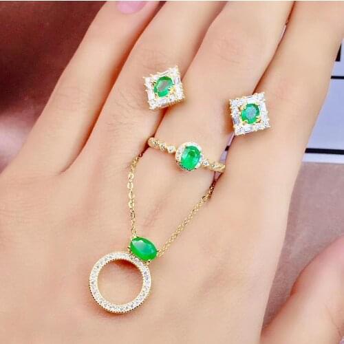 Circle Square Natural green Emerald ring Pendant earrings Natural Gemstone Jewelry Set S925 Silver Women party gift jewelry