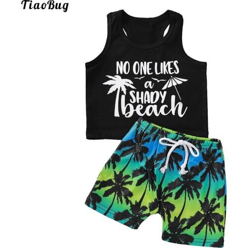 TiaoBug 2Pcs Toddles Boys Summer Casual Outfit O-Neck Sleeveless Racer Back Letters And Coconut Tree Print Vest Tops And Shorts