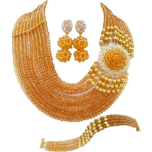 Fashion Champagne Gold African Beads Jewelry Set Crystal Nigerian Wedding Necklace Bracelet Earrings 10DBPH04