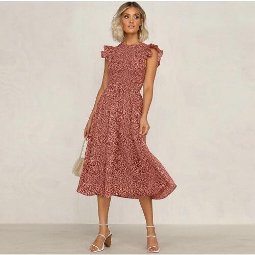 Ruffles Women Fashion Dresses Lady Summer Mid Length Print Dress Vintage vestidos mujer female summer dresses