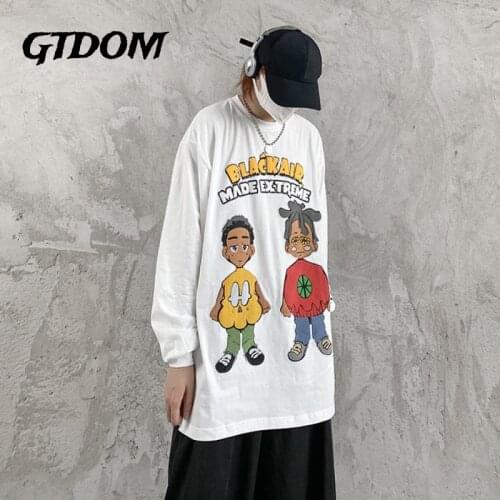 GTDOM Men Cotton 2021 Autumn New Casual T-shirts Deep Black High Street Cartoon Foam Printing O-Neck Long Sleeve Oversize Tees
