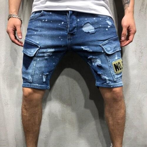 2019 NEW summer denim shorts Embroidered mens Jeans Shorts Hip-hop slim shorts Blue light blue S-3XL