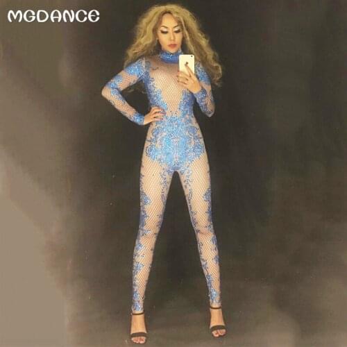 New Blue Rhinestones Sparkly Jumpsuit Fashion Sexy Nude Stretch Dance Costume One-piece Nightclub Oufit Party Leggings