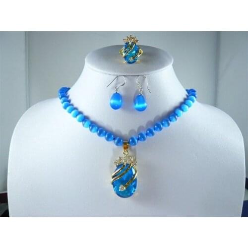 Charm blue jades/opal necklace +blue zircon pendant earring ring