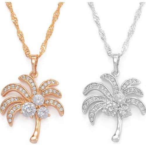 Anniyo Light Gold Color Coconut Tree Pendant Necklaces Women Girl Guam Hawaii Micronesia CZ Palm Tree Jewelry #065704
