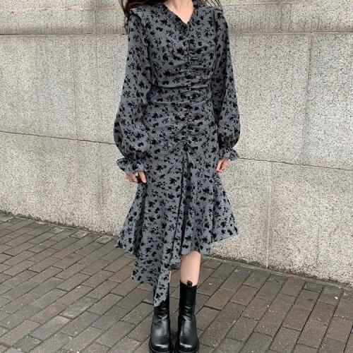 Dresses for Women Ruffle Collar Pleated Dress Printed Ruffle Sleeve Floral Print Long Sleeve Dress Vestido De Mujer Femme Robe